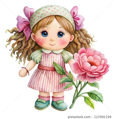 Rag doll Holding the national flower Clipart Watercolor 123992199