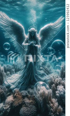 An angel sits silently at the bottom of the ocean floor, as if petrified, while bubbles float up from the surrounding seaweed. 123992412