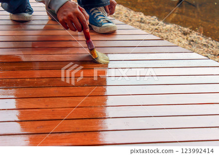 Maintaining wooden decks enhances durability, blending practicality with nature's timeless allure. Maintaining wooden decks enhances durability, blending practicality with nature's timeless allure. 123992414