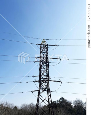 Steel tower, trees and blue sky Steel tower, trees and blue sky 123992494