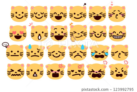 表情符號、表情符號插圖集具有各種表情的貓臉 123992795