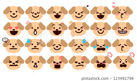 表情符號、表情符號插圖集具有各種表情的狗臉 表情符號、表情符號插圖集具有各種表情的狗臉 123992796
