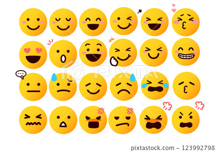 表情符號、表情符號、具有各種表情的臉部插圖集 表情符號、表情符號、具有各種表情的臉部插圖集 123992798