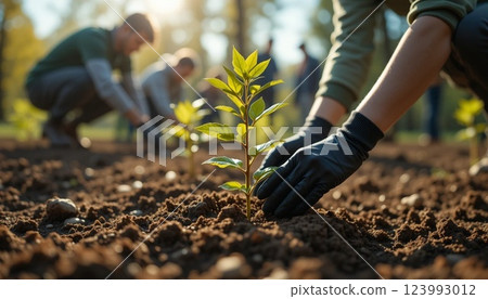 Tree Planting for Environmental Conservation | Hands Planting a Young Sapling in Soil. Tree Planting for Environmental Conservation | Hands Planting a Young Sapling in Soil. 123993012