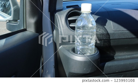 Air conditioner and plastic bottles seen from the driver's seat of a car 123993108