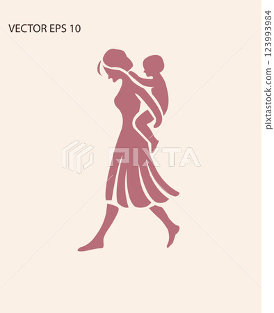 Silhouette of a Mother Carrying Her Child on Back 123993984