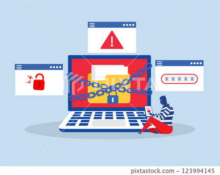 cyber criminal with laptop hacker bypassing security measures ransomware prevention and cybersecurity defense cyber criminal with laptop hacker bypassing security measures ransomware prevention and cybersecurity defense 123994145