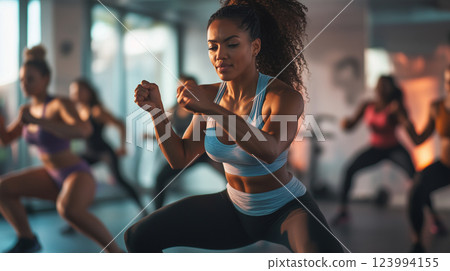 Fitness class in action with diverse participants, showcasing energy and determination. atmosphere is vibrant, highlighting commitment to health and wellness 123994155