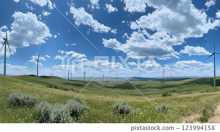 panoramic view of wind farm on rolling green hills under bright blue sky with fluffy clouds, showcasing renewable energy and natural beauty 123994158