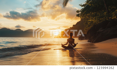 serene morning scene of person practicing yoga on beach at sunrise, surrounded by mountains and palm trees, evoking tranquility and mindfulness 123994162