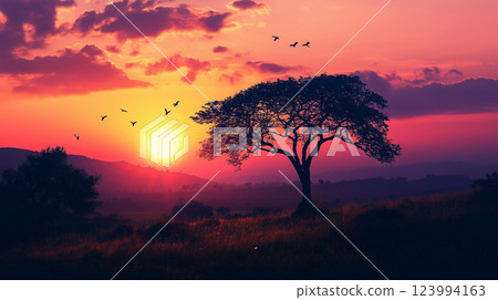 stunning sunset over serene wilderness area, featuring silhouette of tree against vibrant colors in sky, with birds flying in distance 123994163