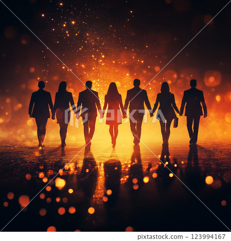 business team of six people holding hands, silhouetted against glowing background, exuding unity and collaboration. warm colors create inspiring atmosphere 123994167