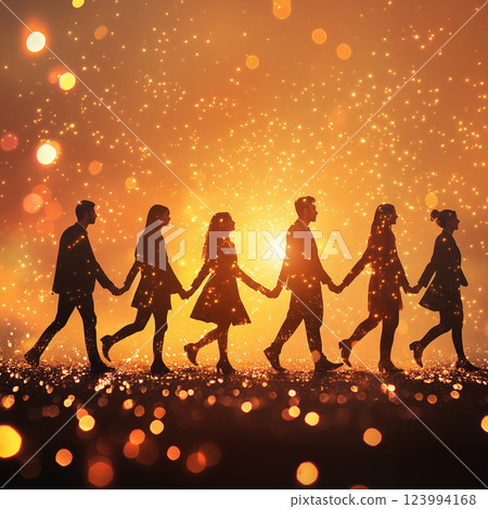 Group of six people walking hand in hand against sparkling sunset background, creating sense of unity and joy. warm glow enhances emotional connection among them 123994168