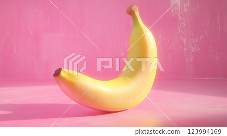 fully peeled banana on pink background, showcasing its vibrant yellow color and smooth texture. playful composition evokes sense of freshness and fun 123994169