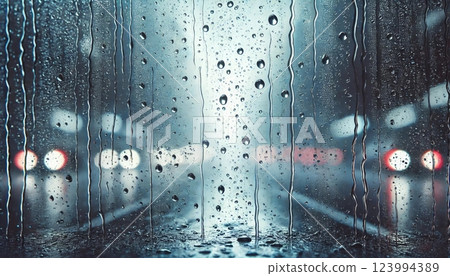 Rainy window pane and blurry city lights 123994389