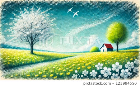 春天田野裡的房子（粉筆畫 123994550