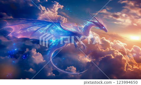 A fantastic blue dragon flying through the clouds A fantastic blue dragon flying through the clouds 123994650