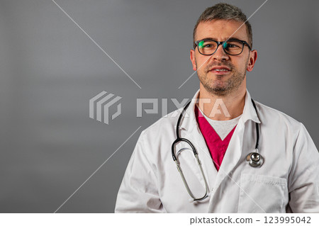 Medical professional in lab coat with stethoscope in modern setting 123995042