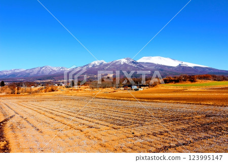 二月白雪皚皚的淺間山 信州的山脈 信州的風景 二月白雪皚皚的淺間山 信州的山脈 信州的風景 123995147