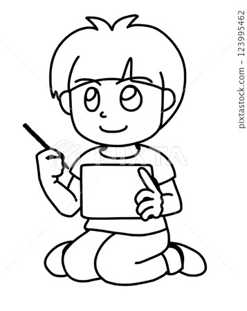 A boy sitting and operating a tablet - Line drawing 123995462
