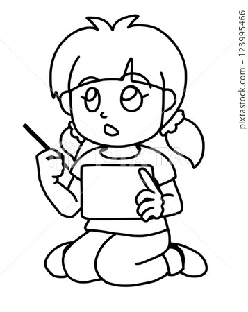 坐著操作平板電腦的女孩 - 線畫 123995466