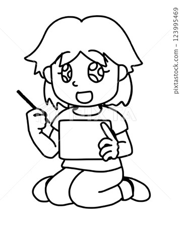 一個女孩在操作平板電腦時感到很感動 - 線條畫 一個女孩在操作平板電腦時感到很感動 - 線條畫 123995469