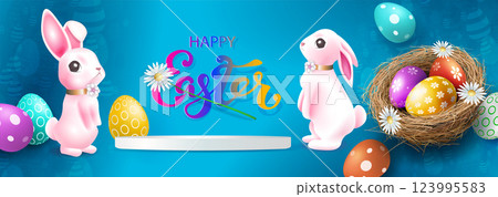 Blue composition with Easter eggs in a straw nest and cute bunnies 123995583
