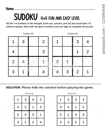 Fun and simple 4x4 kids Sudoku beginners puzzle to develop logic and problem-solving skills. A printable educational game perfect for classrooms, homeschooling, or learning activities. 123995649
