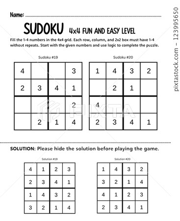 Fun and simple 4x4 kids Sudoku beginners puzzle to develop logic and problem-solving skills. A printable educational game perfect for classrooms, homeschooling, or learning activities. 123995650