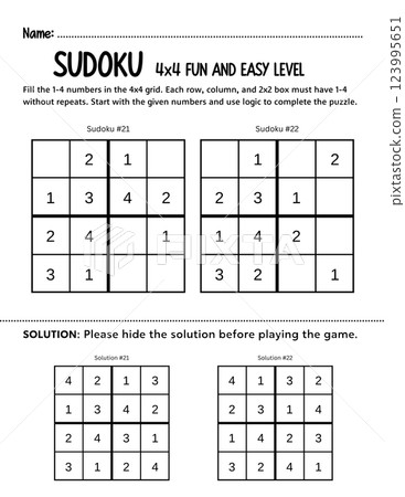 Fun and simple 4x4 kids Sudoku beginners puzzle to develop logic and problem-solving skills. A printable educational game perfect for classrooms, homeschooling, or learning activities. 123995651