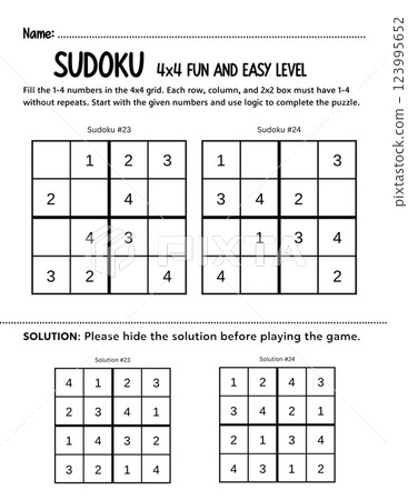 Fun and simple 4x4 kids Sudoku beginners puzzle to develop logic and problem-solving skills. A printable educational game perfect for classrooms, homeschooling, or learning activities. 123995652