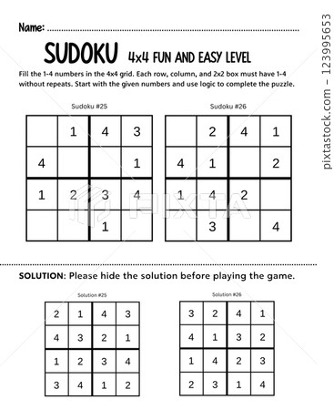 Fun and simple 4x4 kids Sudoku beginners puzzle to develop logic and problem-solving skills. A printable educational game perfect for classrooms, homeschooling, or learning activities. 123995653