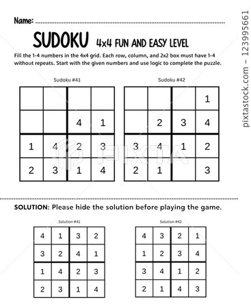 Fun and simple 4x4 kids Sudoku beginners puzzle to develop logic and problem-solving skills. A printable educational game perfect for classrooms, homeschooling, or learning activities. 123995661
