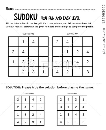 Fun and simple 4x4 kids Sudoku beginners puzzle to develop logic and problem-solving skills. A printable educational game perfect for classrooms, homeschooling, or learning activities. 123995662