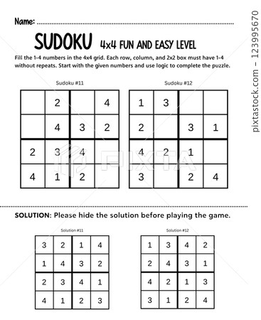 Fun and simple 4x4 kids Sudoku beginners puzzle to develop logic and problem-solving skills. A printable educational game perfect for classrooms, homeschooling, or learning activities. 123995670