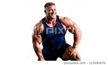 Strong muscular athlete stretching before training in gym 123995676