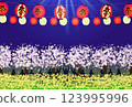 夜櫻、櫻花節、花見、油菜花、櫻花樹和人們 123995996