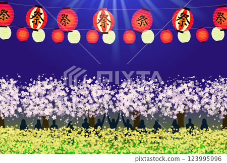 夜櫻、櫻花節、花見、油菜花、櫻花樹和人們 123995996