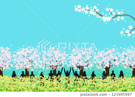 賞櫻：油菜花、櫻花樹和人 123995997