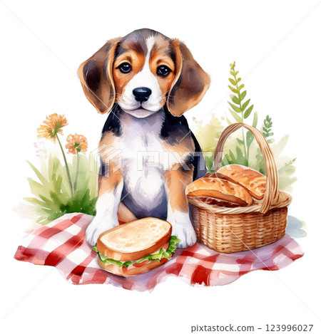 Picnic sandwich and beagle watercolor illustration 3 / flyer and poster material 123996027
