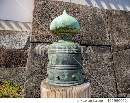 Edo period balustrade and engraved characters on the railing of Hirakawa Bridge at the site of Edo Castle 123996031