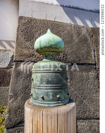 Edo period balustrade and engraved characters on the railing of Hirakawa Bridge at the site of Edo Castle 123996032