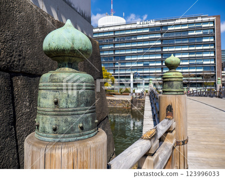 Edo period balustrade and engraved characters on the railing of Hirakawa Bridge at the site of Edo Castle 123996033