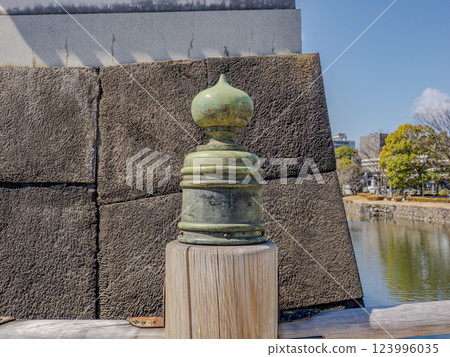 Edo period balustrade and engraved characters on the railing of Hirakawa Bridge at the site of Edo Castle Edo period balustrade and engraved characters on the railing of Hirakawa Bridge at the site of Edo Castle 123996035