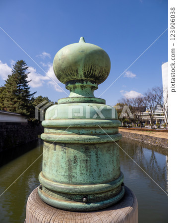 Edo period balustrade and engraved characters on the railing of Hirakawa Bridge at the site of Edo Castle 123996038