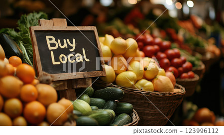 Buy local sign at vibrant farmers market with fresh fruits and vegetables in baskets 123996112