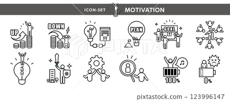 商業場景的圖標和插圖——用於激勵、成就、目標實現、人力資源開發等的象形圖。 123996147