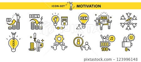 Icons and illustrations for business scenes - Pictograms for motivation, achievement, goal achievement, human resource development, etc. 123996148