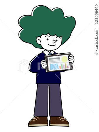 一位學生高興地拿著一台平板電腦的向量插圖 一位學生高興地拿著一台平板電腦的向量插圖 123996449