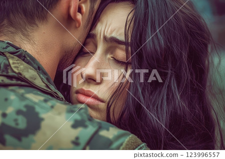 The sadness of a woman seeing off a soldier leaving for war 123996557